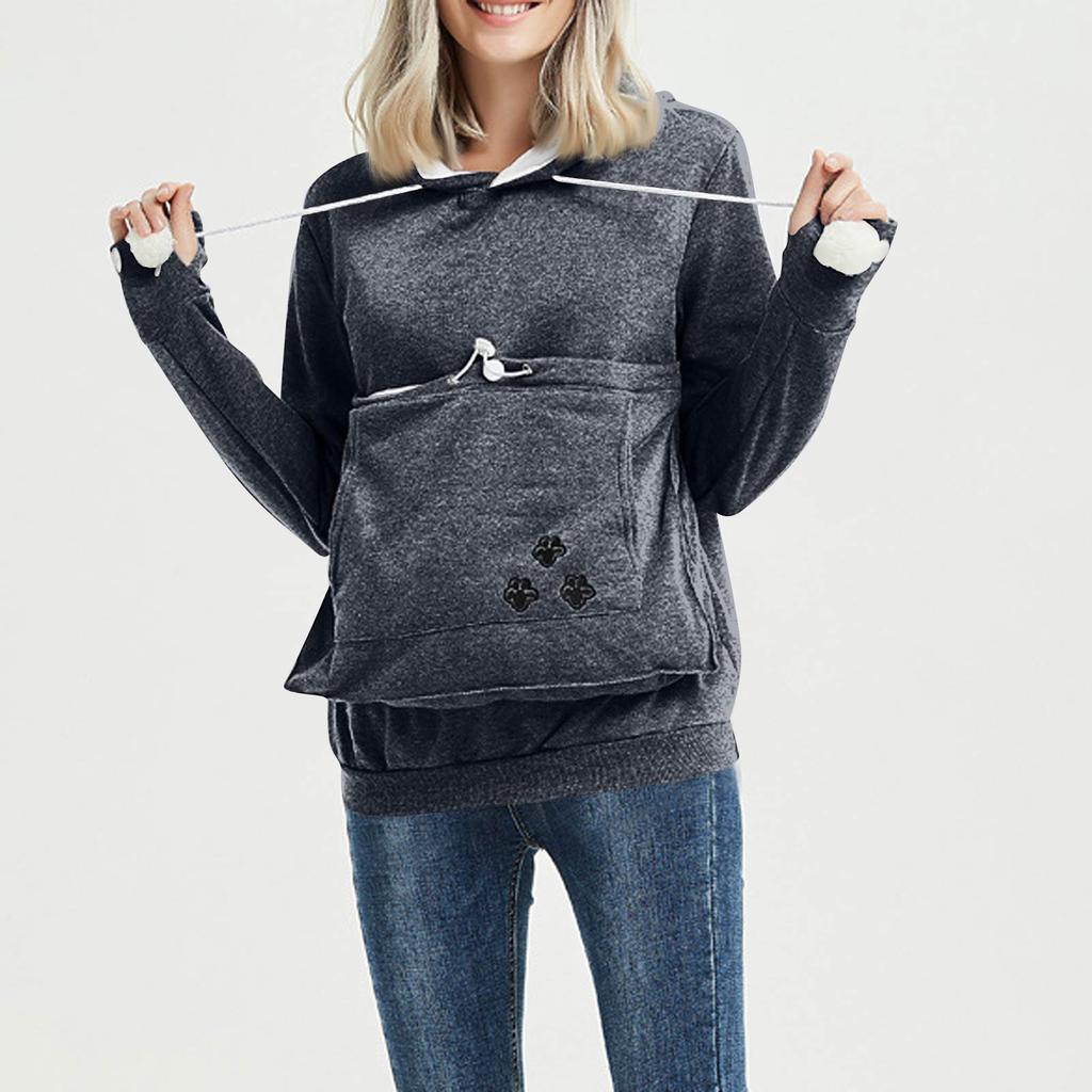 Women's Fashion Casual Top Solid Color Long Sleeve Pet Pocket Hoodie Sweatshirt