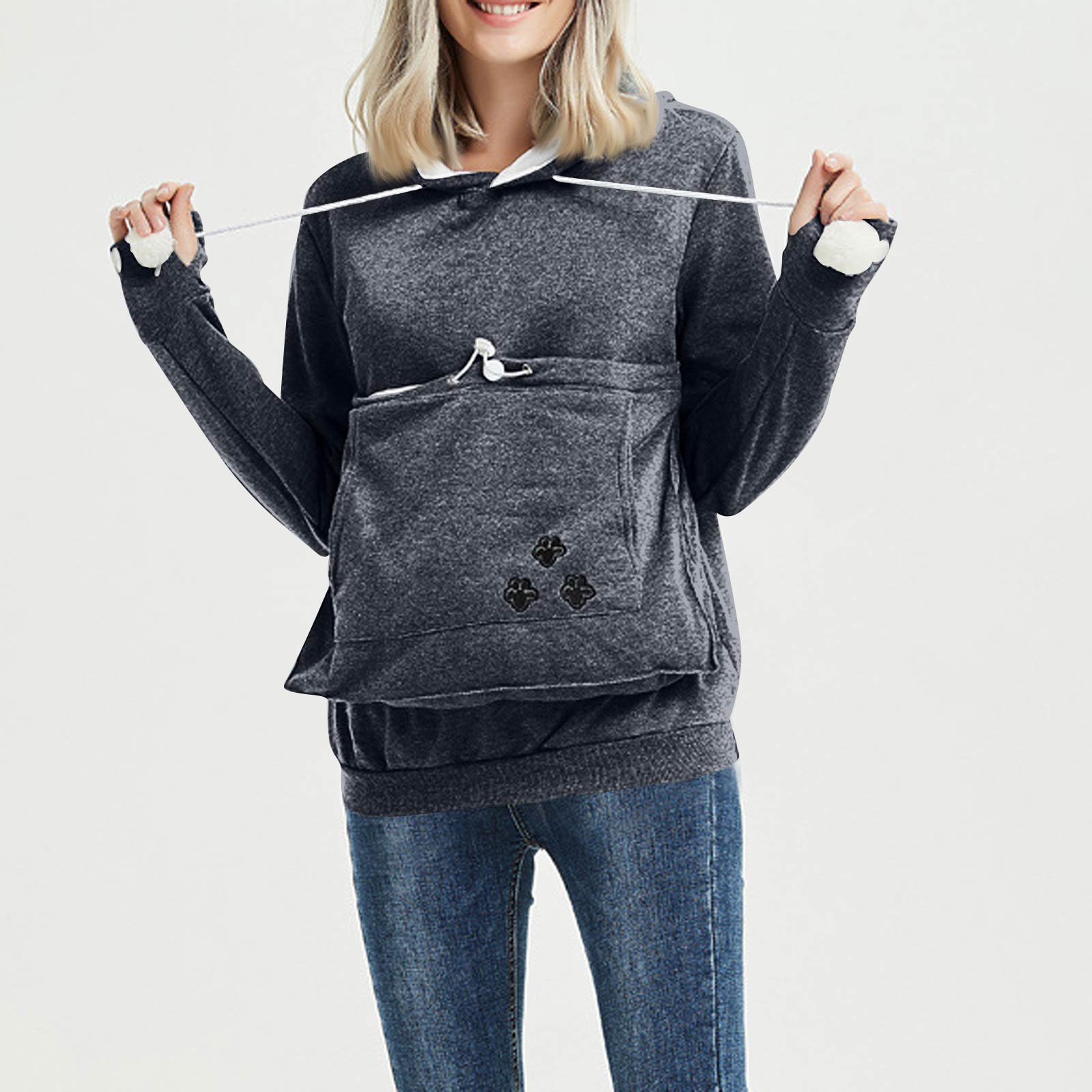 

Женский модный повседневный топ однотонный с длинным рукавом худи с карманом для питомца XXL