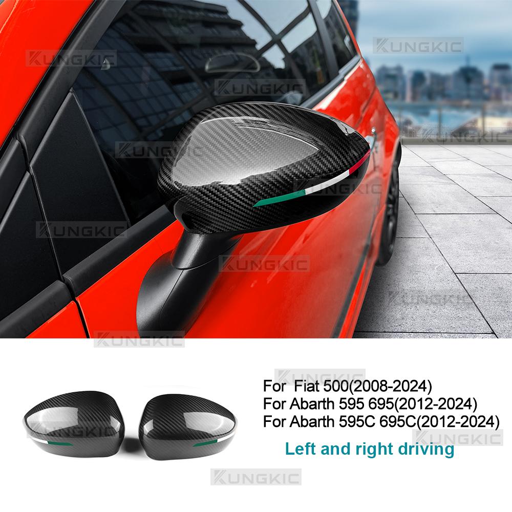 Cover For Abarth 595 695 595C 695C 2012-2024 Fiat 500 2008-2024 Real Dry Hard Carbon Fiber Car Rearview Mirror Cap With Tricolor. With Tricolor