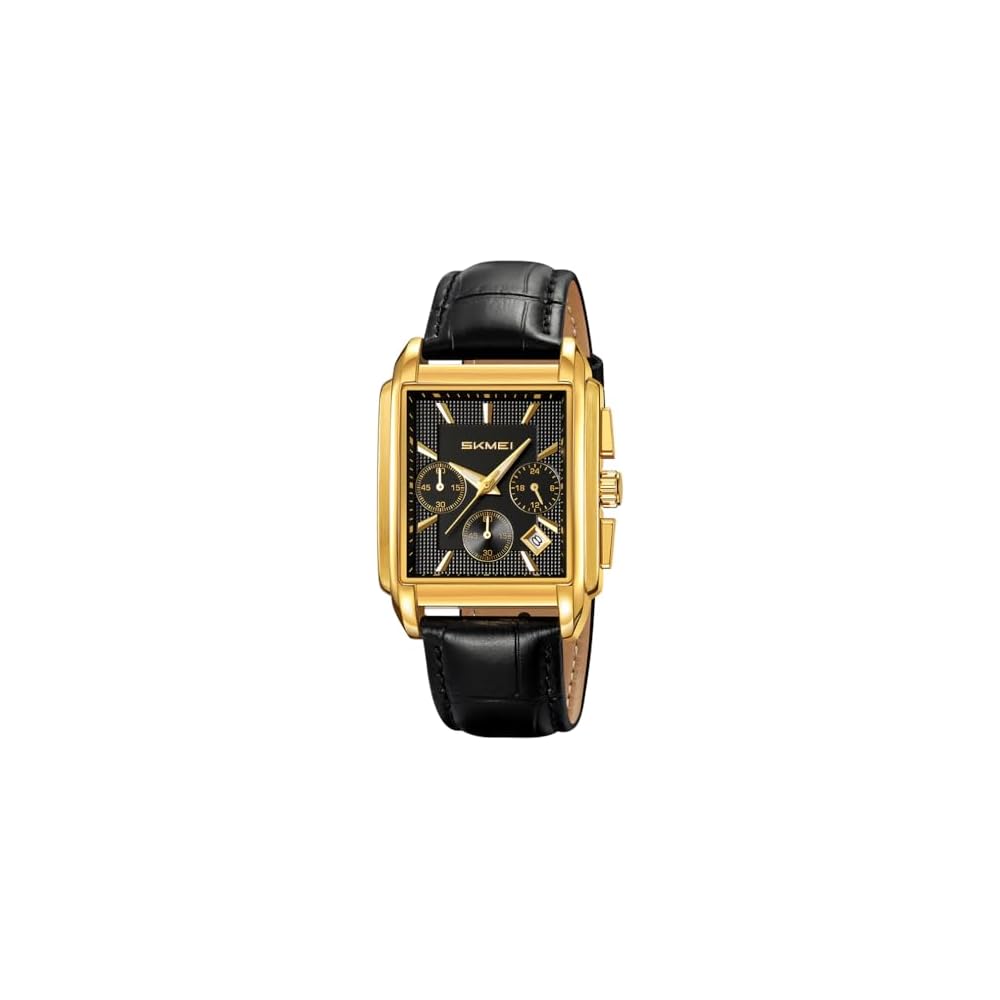 SKMEI Square Analog Watch for Men Black Leather Strap Waterproof Chronograph Business Casual