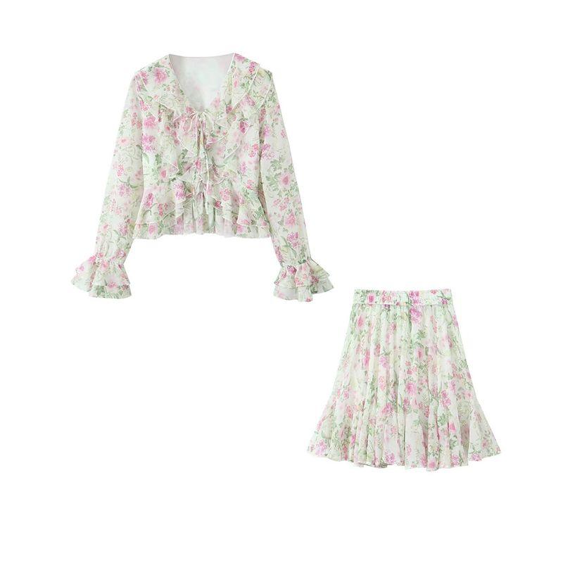 Kaslead New Arrival Women's Clothing Fashion Style Fashion Floral Flounce Short Long Sleeves Tops Skirt Suit