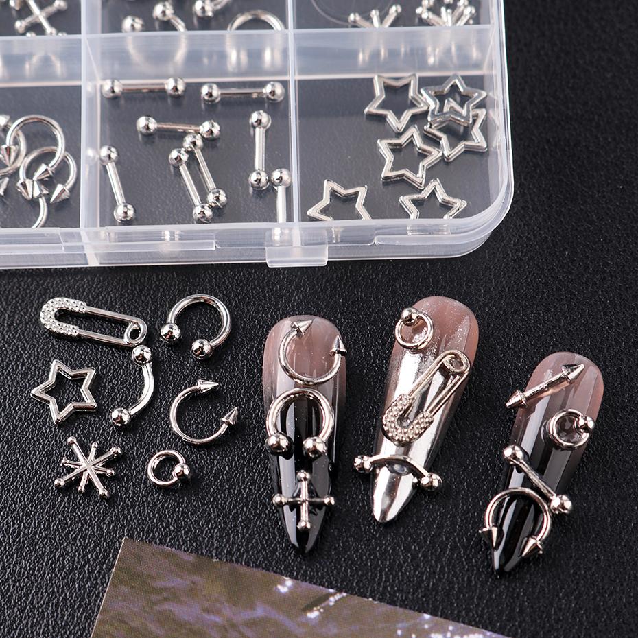 Xiaomi 12 Grids Punk Metal Nail Charms Multi‑style Silvery Gothic Star Snowflake Pins Punched Rivet Y2K Nails Decoration Nail Supplies
