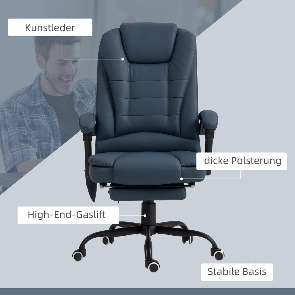 Massage Office Chair, 7 Vibration Points, Adjustable Footrest & Backrest, Up To 120 Kg, Leather Look, Blue