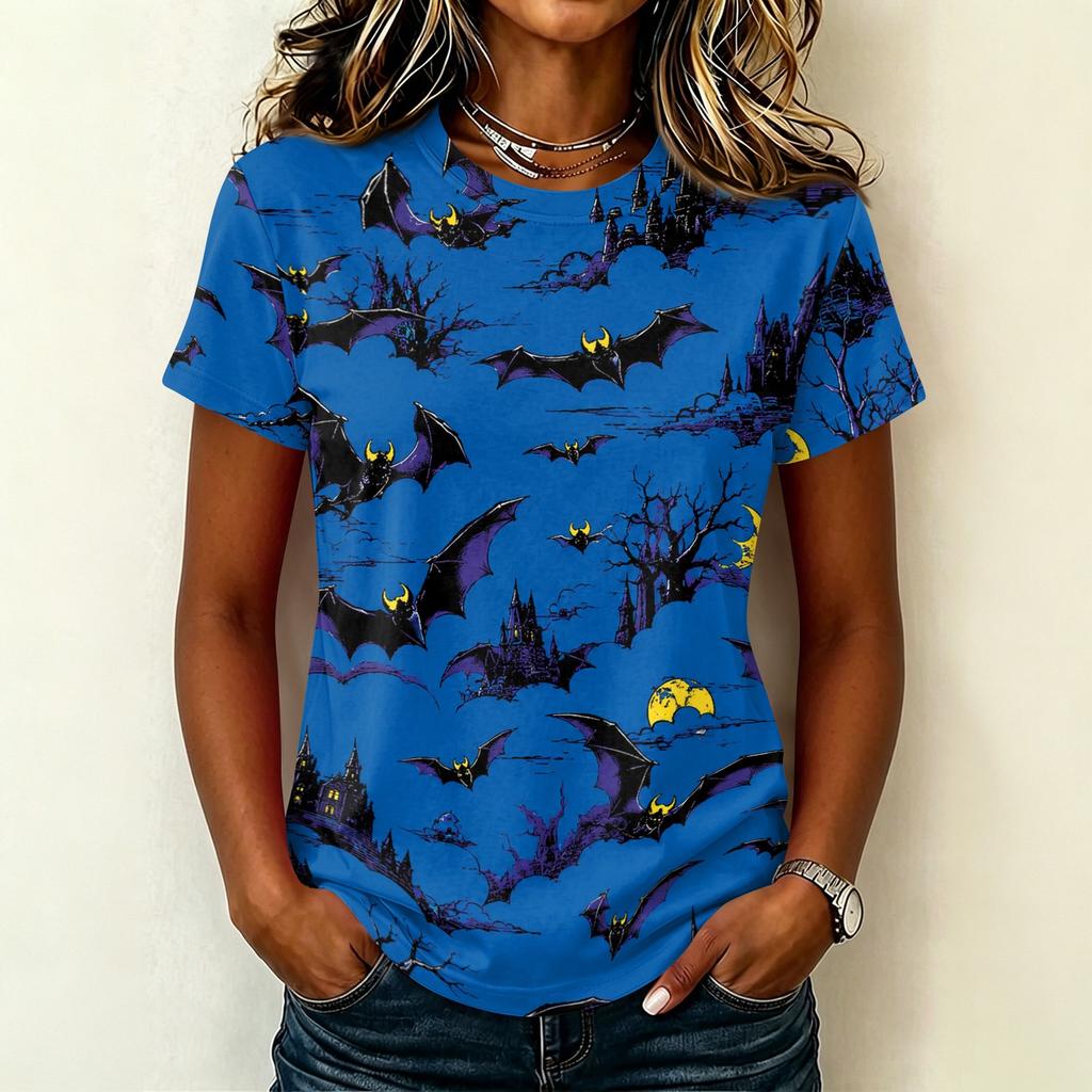 Ladies Casual Pullover Short Sleeve T Shirt Halloween Print Crew Neck Top Halloween Themed Graphic Tee for Women