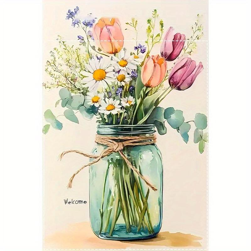 Welcome Spring" Tulip Bouquet Mason Jar Design Garden Flag - Durable, Double-Sided Polyester, Perfect for Home and Yard Decor,