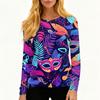Women's Fashion Casual Slit Hem Round Neck Long Sleeve Loose Printed T-Shirt Top