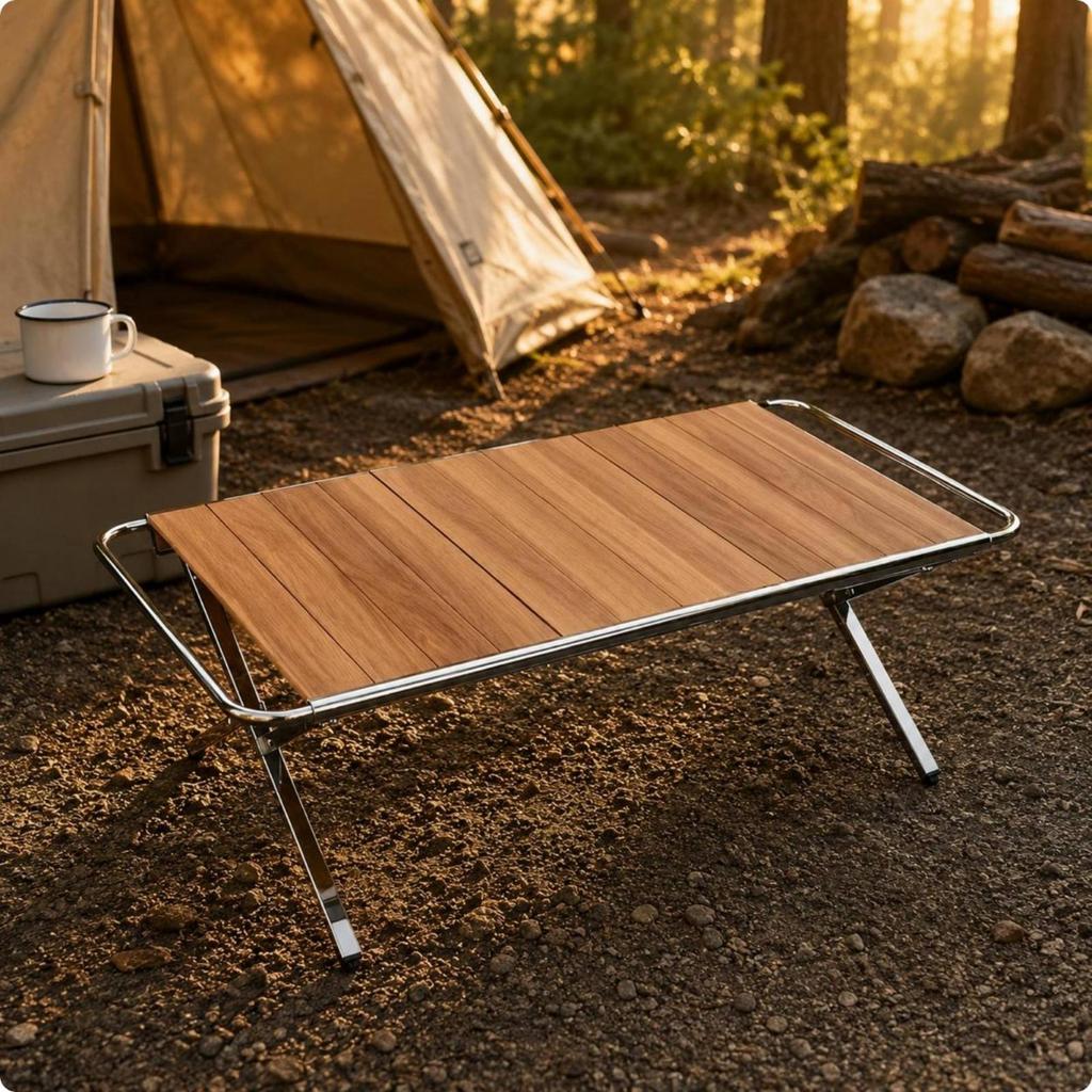 Egg-Shaped Roll-Roll Camping Table Wood-Grain IGT-Style-Compatible