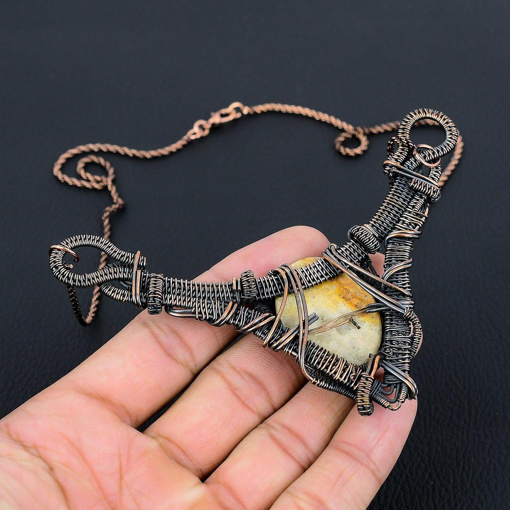 Fossil Coral Gemstone Pure Copper Wire Wrapped Handmade Necklace Jewelry For Gift