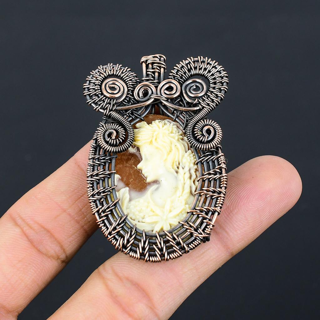 Natural Victorian Lady Bone Face Cameo Stone Copper Wire Wrap Pendant 2.36" i2y21
