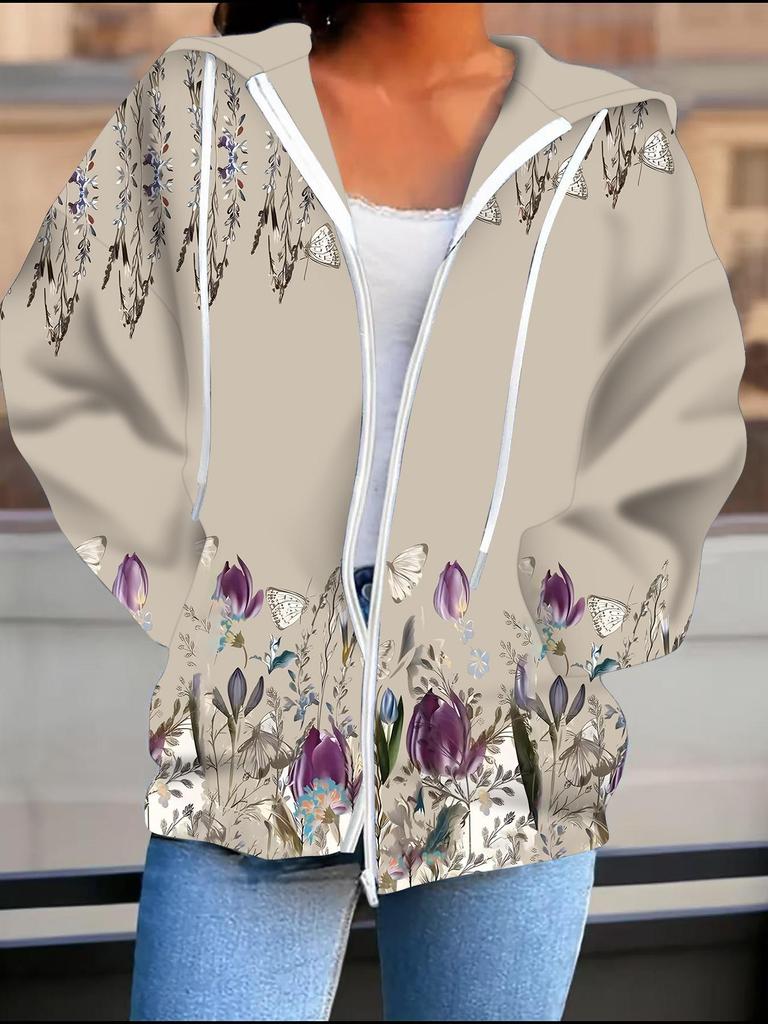 Cardigan con cappuccio stampato 3D a fiori Taglie forti Autunno Inverno Retrò