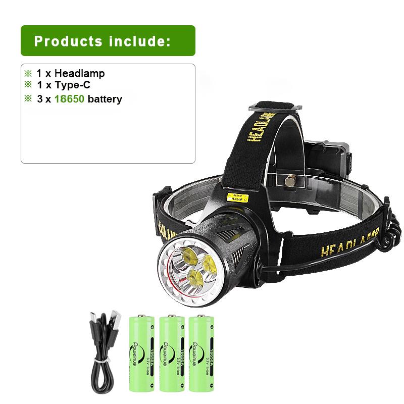 

Налобный фонарь 3*XHP 160 с датчиком движения, перезаряжаемый фонарь, аварийное освещение, водонепроницаемая лампа, регулируемый налобный фонарь B-3*18650, Type-C