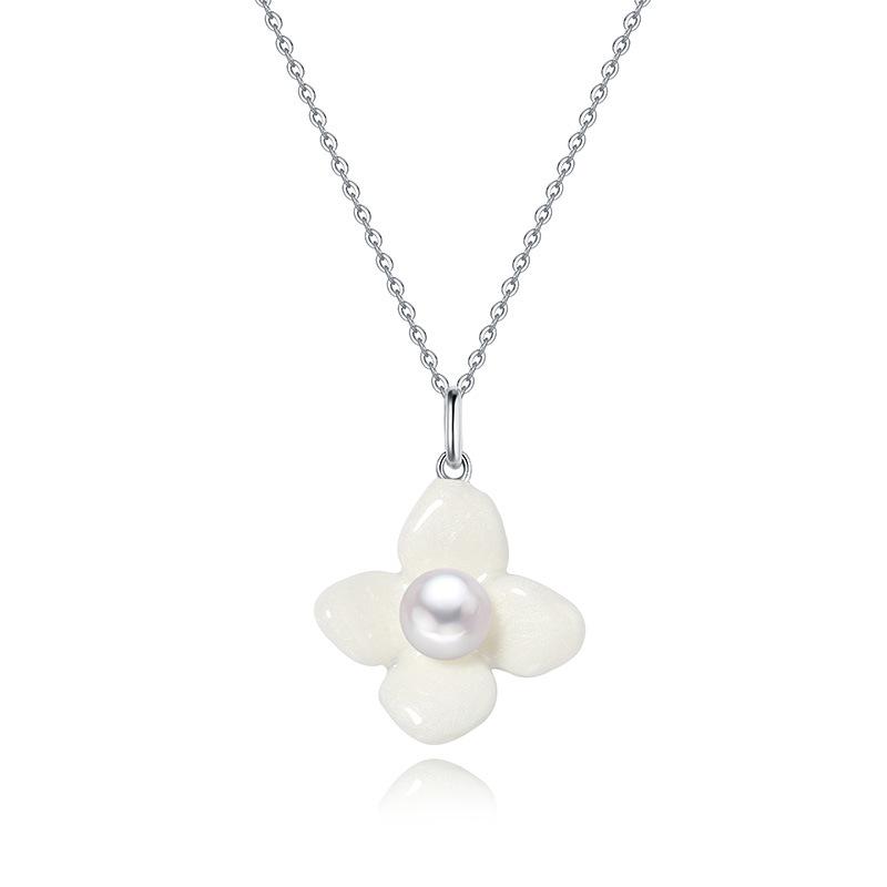 Elegant Freshwater Pearl Necklace with Gardenia Pendant in S925 Sterling Silver S925 Silver