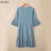ZANZEA Women Casual V-Neck Solid Color 3/4 Sleeve Pleated Dress