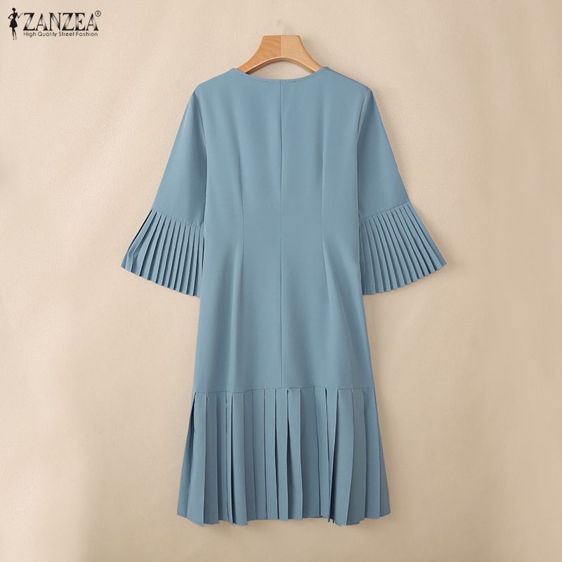 ZANZEA Women Casual V-Neck Solid Color 3/4 Sleeve Pleated Dress