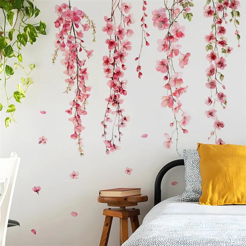 Beautiful Vine Pink Flower Wall Stickers for Living Room Bedroom Wall Decor Girl Room Decoration Children's Wall Decal Wallpaper
