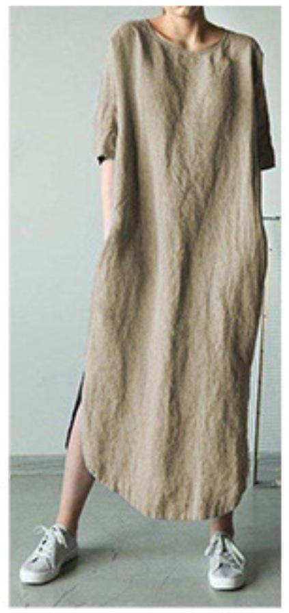 

Crew neck half sleeve solid color side split middle calf dress spot short sleeve elegant S хаки