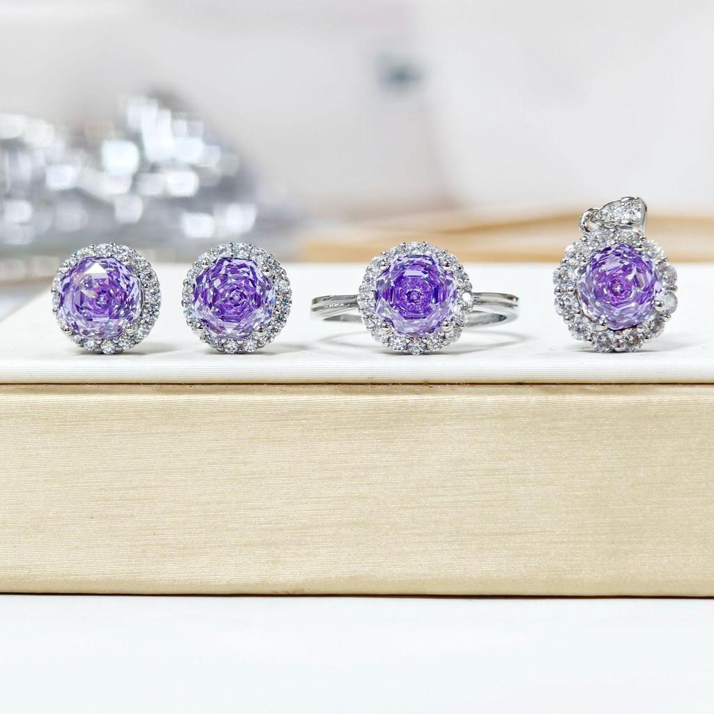 Gethin Jewelry Korean Zircon Ice Flower Cut Stud Earrings & Pendant Set