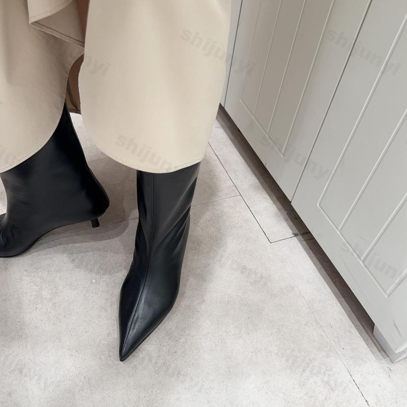 Damen Stiefeletten 2026 Herbst Spitz zulaufend Damen Hohe Stiefel Mode Sexy Niedrige Absätze Elegant PU-Leder Kurze Stiefel Mujer Botas