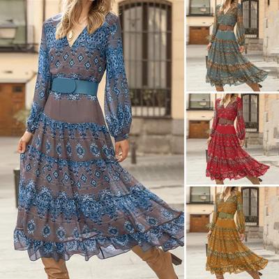 2024 Women Fall Spring Dress Vintage Print A-line Big Hem Patchwork Long Sleeve Tight High Waist V Neck Bohemian Mid-calf Length Dress