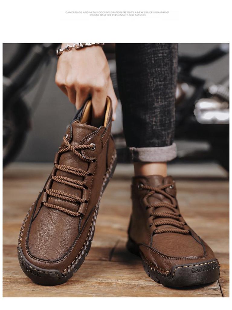 Men's Plus-Size Handmade Leather Ankle Boots: Fashionable Lace-Up Casual Shoes