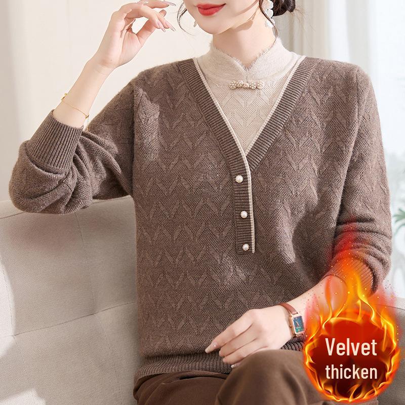 2025 Autumn/Winter New Arrival: Loose Long Sleeve Knit Sweater for Middle-Aged and Elderly Women - Simple, Comfortable Fake Two-Piece Style