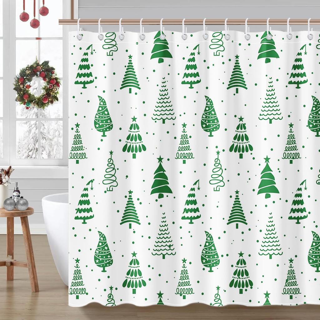 Christmas Shower Curtain Green Christmas Tree Winter Bathroom Shower Curtain Waterproof Xmas Tree Bathtub Curtain Decor with