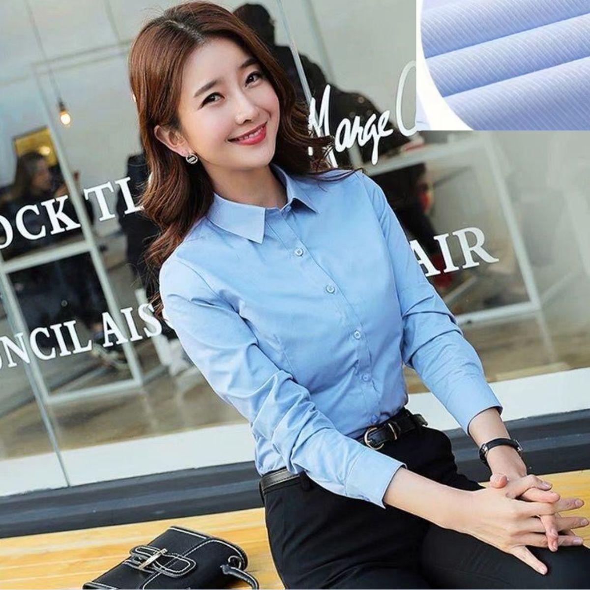

Women s Slim Fit Blue Twill Cotton Long-Sleeve Shirt, Professional Elegance for Spring & Autumn Workwear XXL