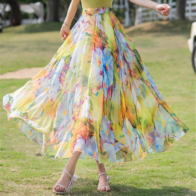 Women Chiffon Half-body Dress 2025 Spring Summer New Floral Half-body Vacation Style Beach Skirt