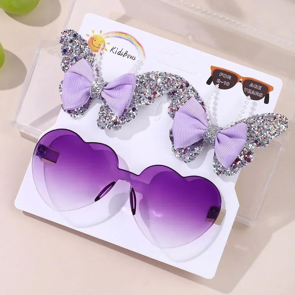 3Pcs/Card Glitter Butterfly Hair Clips Sunglasses for Girls Sparkling Kids Bows Hairpins Sun Glasses Cute Hair Accessories Set