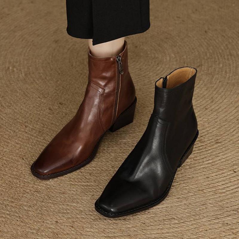 New Women's Leather Knight Boots Versatile Medium Heel Large Size Women's Boots Square Heel Pointed Rubber Soft Sole Cowhide Medium Boots