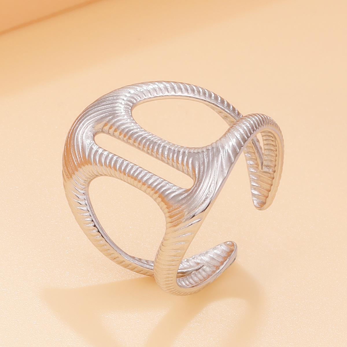 18K Gold Vacuum-Plated Stainless Steel Geometric Textured Ring for Women