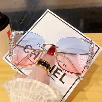 Rhinestone Cat Eye Sunglasses Women Large Frame Gradient Lens Rimless Cut Edge Sun Glasses Fashion UV Protection Eyewear Jewelry