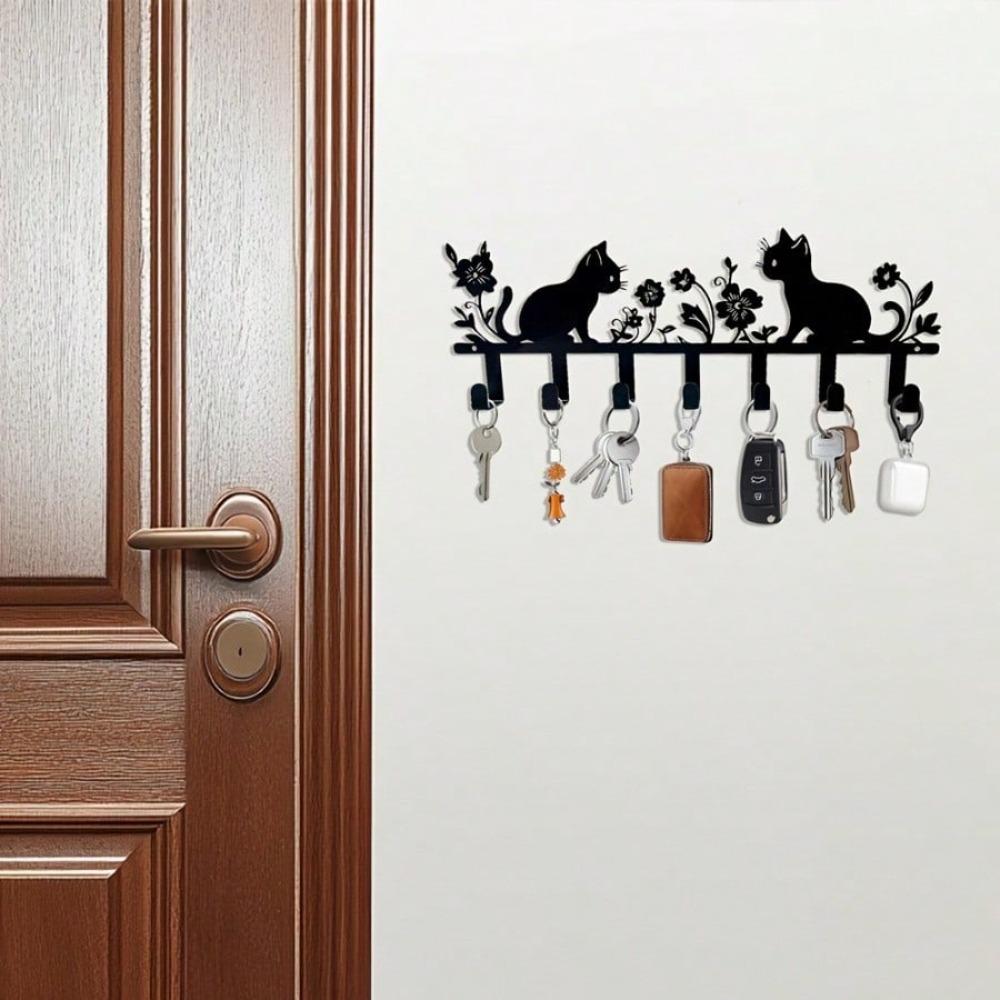 Metal Wall Hook Decorative Key Holder Cute Cat Flower Keychain Lacquered Finish Easy Install