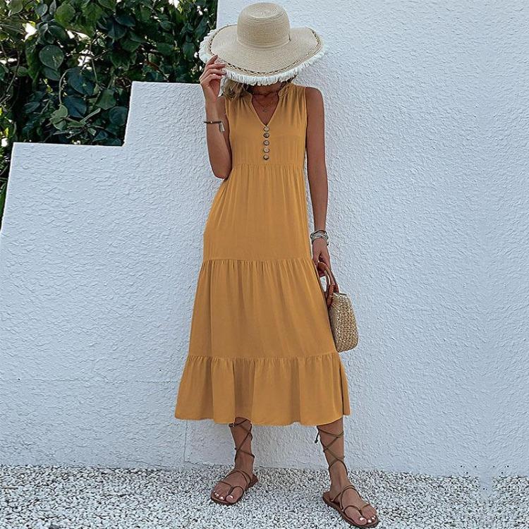 Summer Women Dress Sleeveless V Neck A-Line Knee-Length Solid Color
