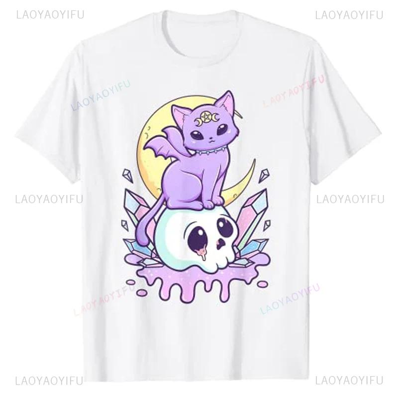 Kawaii Pastel Goth Cute Creepy Witchy Cat and Skull T-Shirt Cartoon Creepy-Skull Serpent Snake Roses Shirts 3 Headed Dog Clothes