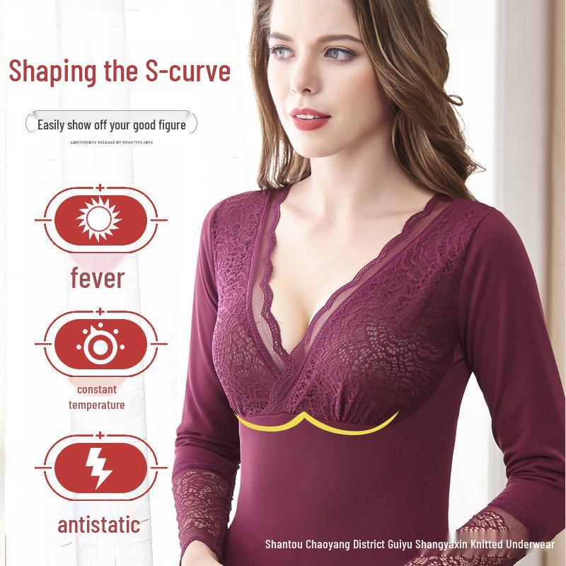 Dámský termální krajkový top s V-výstřihem, úzkého střihu, v korejském stylu, s fleecovou podšívkou