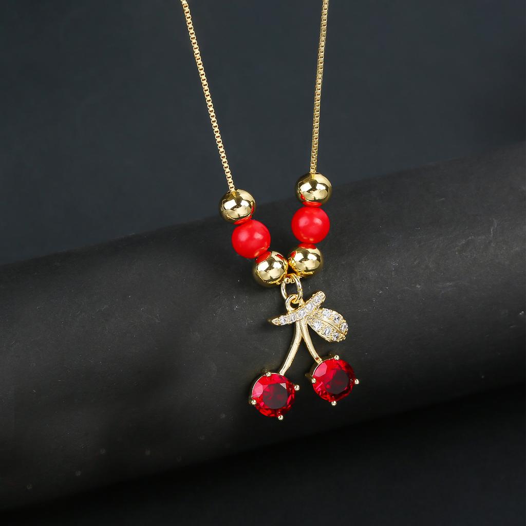 Hot Sale Crystal Red Cherry Pendant Necklace For Woman Gold Plated Fruit Collarbone Chain Fashion Daily Party Jewelry Gift