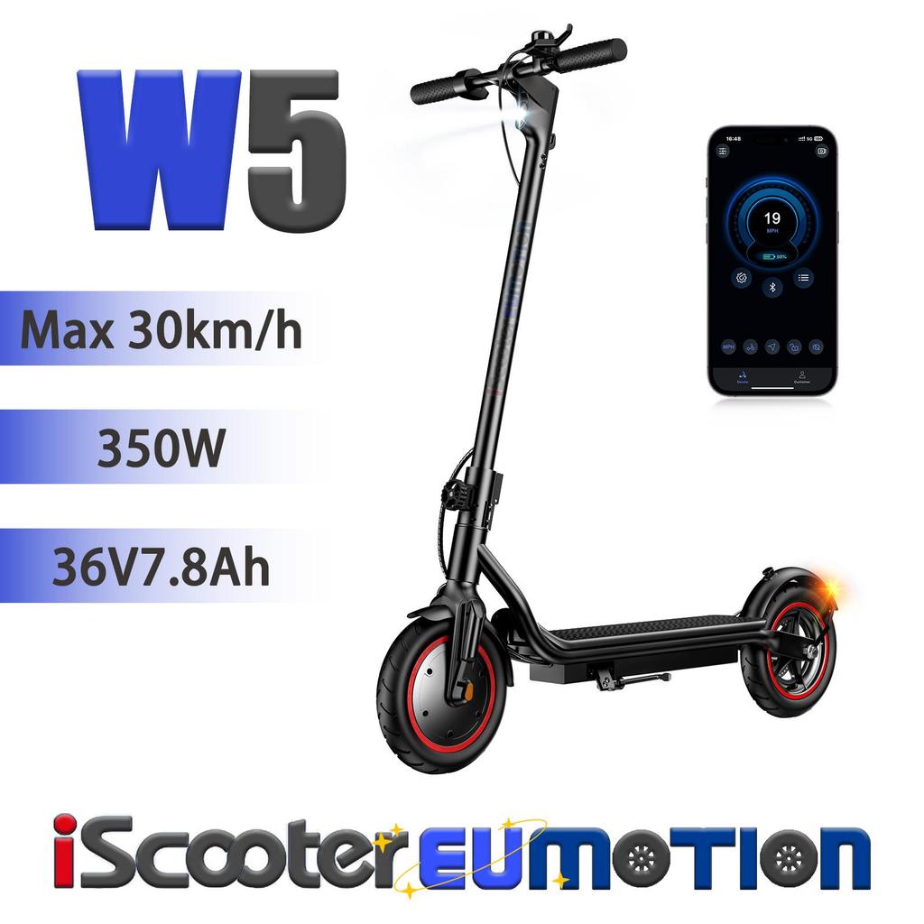 iScooter W5 Folding Electric Scooter with Bag, 350W, 36V7.8Ah, Up to 30km/h, APP Control, 8.5" Tires, Rear Disc Brake, IPX4 Waterproof