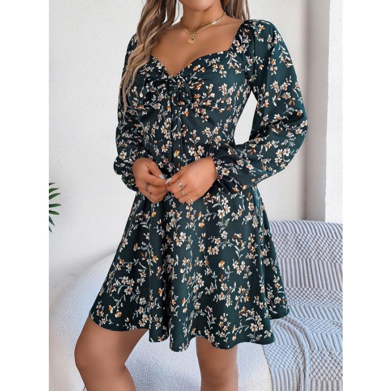 Square Collar Floral Printed Fashion Loose Dress Casual Sexy Lace Up Long Sleeve A-line Party Short Dress Elegant Spring Summer Lace-up Slim Fit Sweet