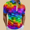 3D Cubic Print Short Sleeve Polo Shirt with Zipper, Trendy Casual Top