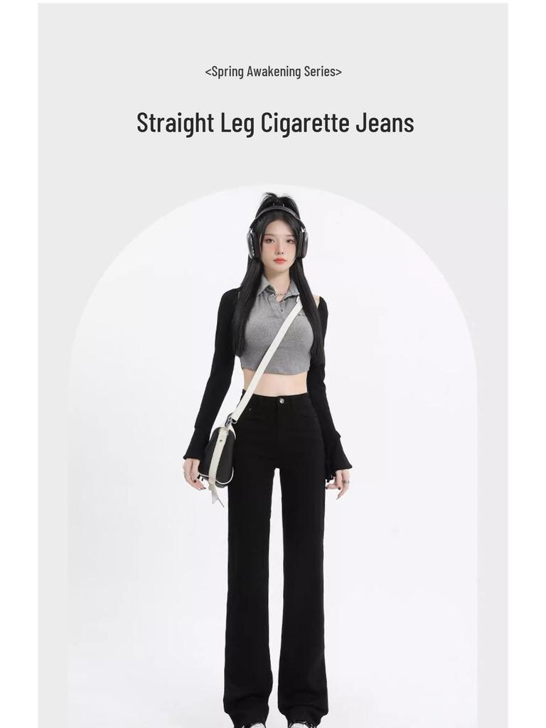 Women's Slim High-Waisted Black Cigarette Jeans: New Spring 2025 Straight-Leg, Loose, Thin, Narrow- and Wide-Leg Fit.