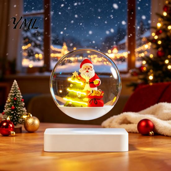 Christmas Desk Decoration for Office Magnetic Levitating Santa Claus Tree Ornament with LED Light, Lighted Rotating Floating Display Glass Ball