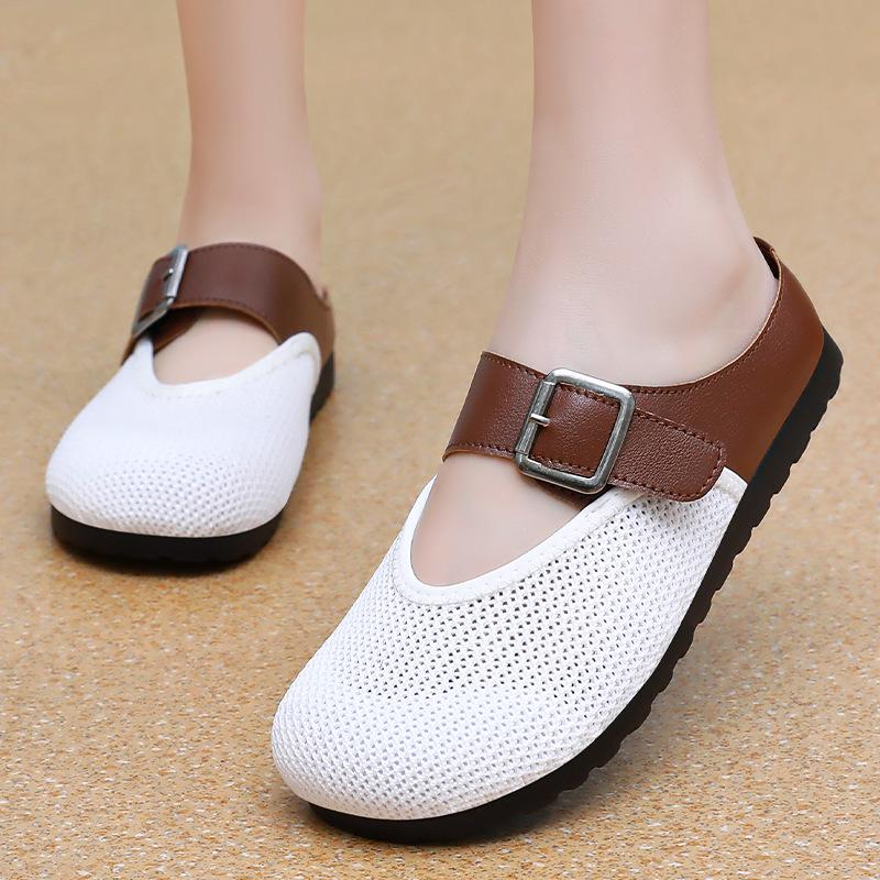 Shoes women's summer new casual half slippers mesh breathable mother shoes one pedal soft bottom home lazy shoes