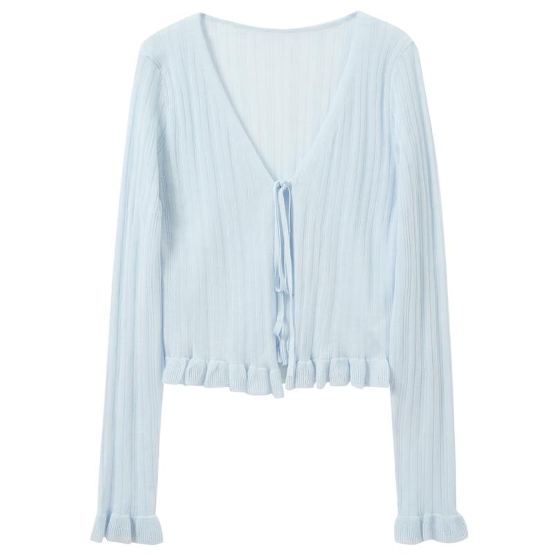 Women s Tie-Front Ruffle Trim Knit Cardigan L