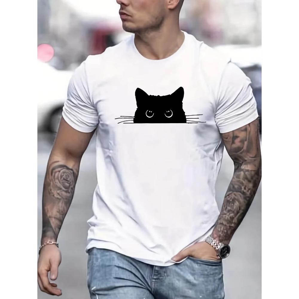 Men's Summer Cotton Fashionable Casual Loose Cat Print Sports Round Neck Short Sleeved T-shirt Top