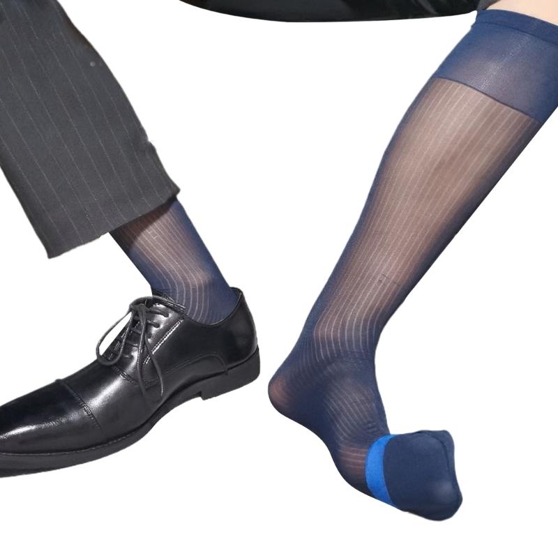 Mens Thin Sheer Dress Socks Nylon Breathable Business Over Calf Striped Stockings