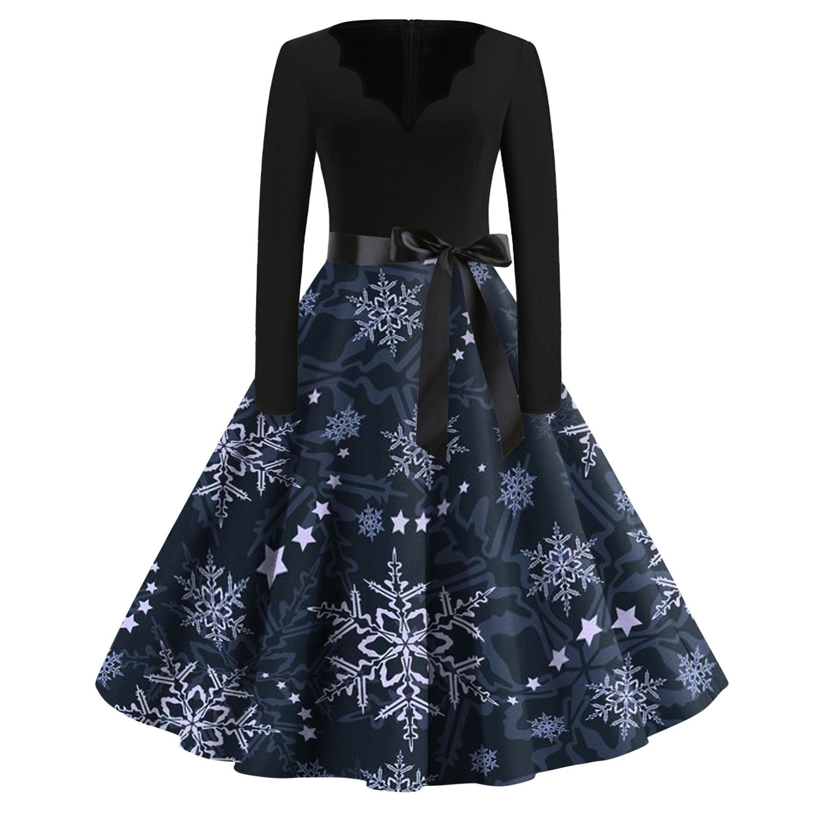 

Женские модные повседневные тонкие рождественские платья с длинным рукавом с v-образным вырезом и принтом L тёмно-синий