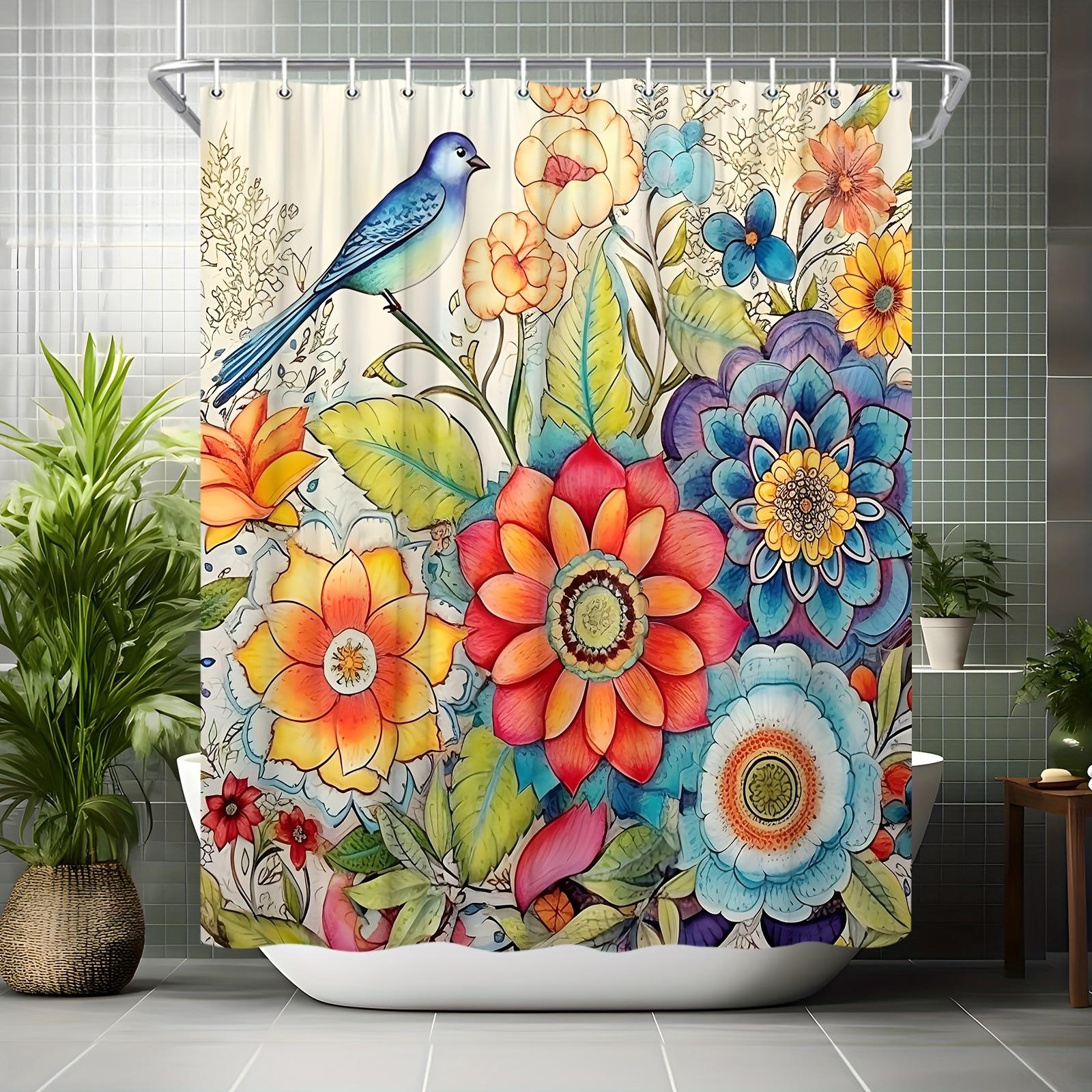 

Vibrant Floral Bird Bath Curtain - Colorful Flowers &Bluebird Design,Waterproof Home Decor Adds Nature S Beauty To Your Bathroom W60H190(CM)-1 Pcs
