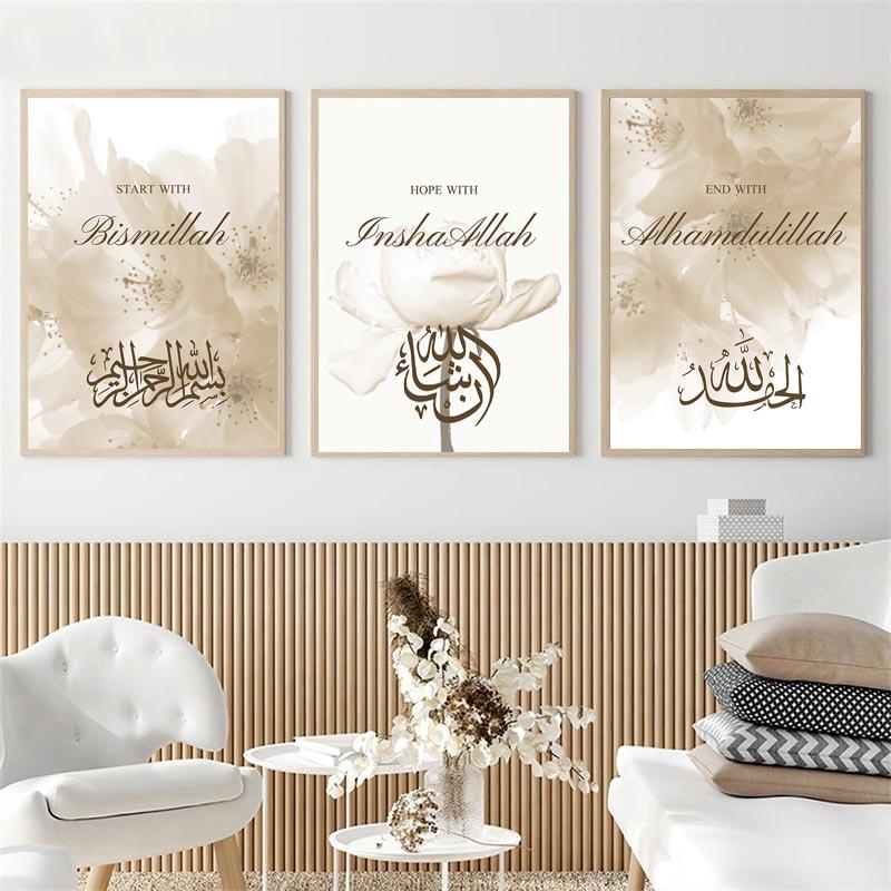 Bloemen Islamitische Canvas Muurschildering Bismillah Wall Art Poster Wall Art Print Islamiqu Canvas Schilderij Foto voor Woonkamer Home Decor