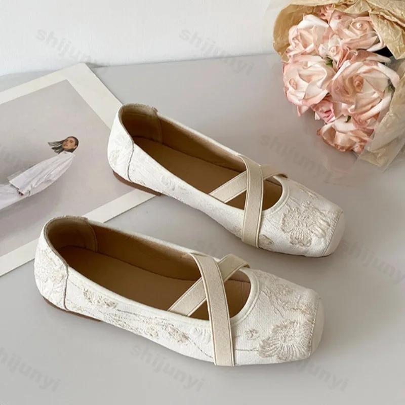 Woman Ballet Flats Female Luxury Retro Classic Square Toe Embroidery Elastic Band Ballerina Flats Ladies Soft Loafers Mary Jane